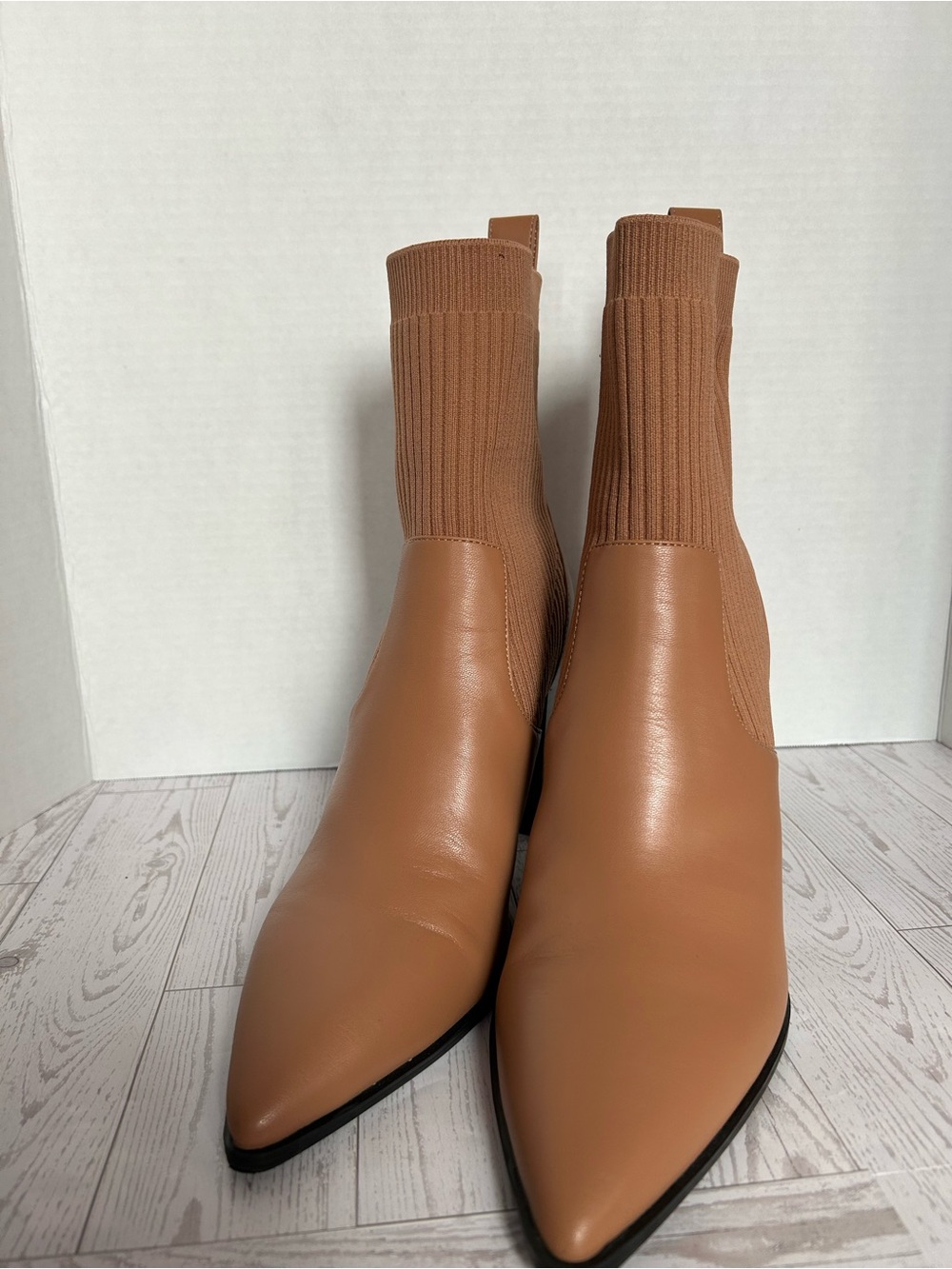 Women's Tan Knit-Shaft Pointed Ankle Booties
